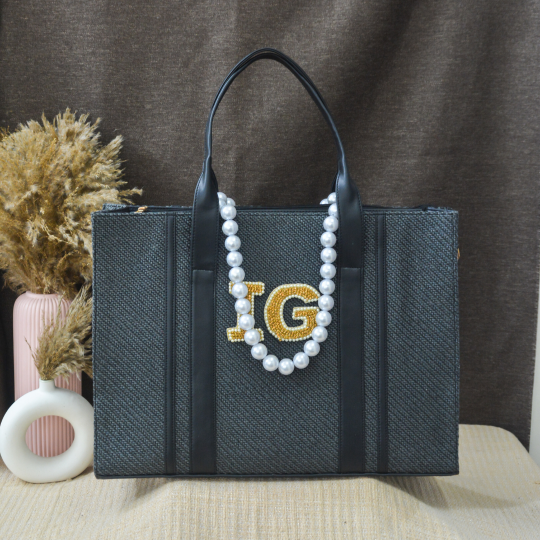 Dark Grey Monogram Book Tote Handwork Initials.
