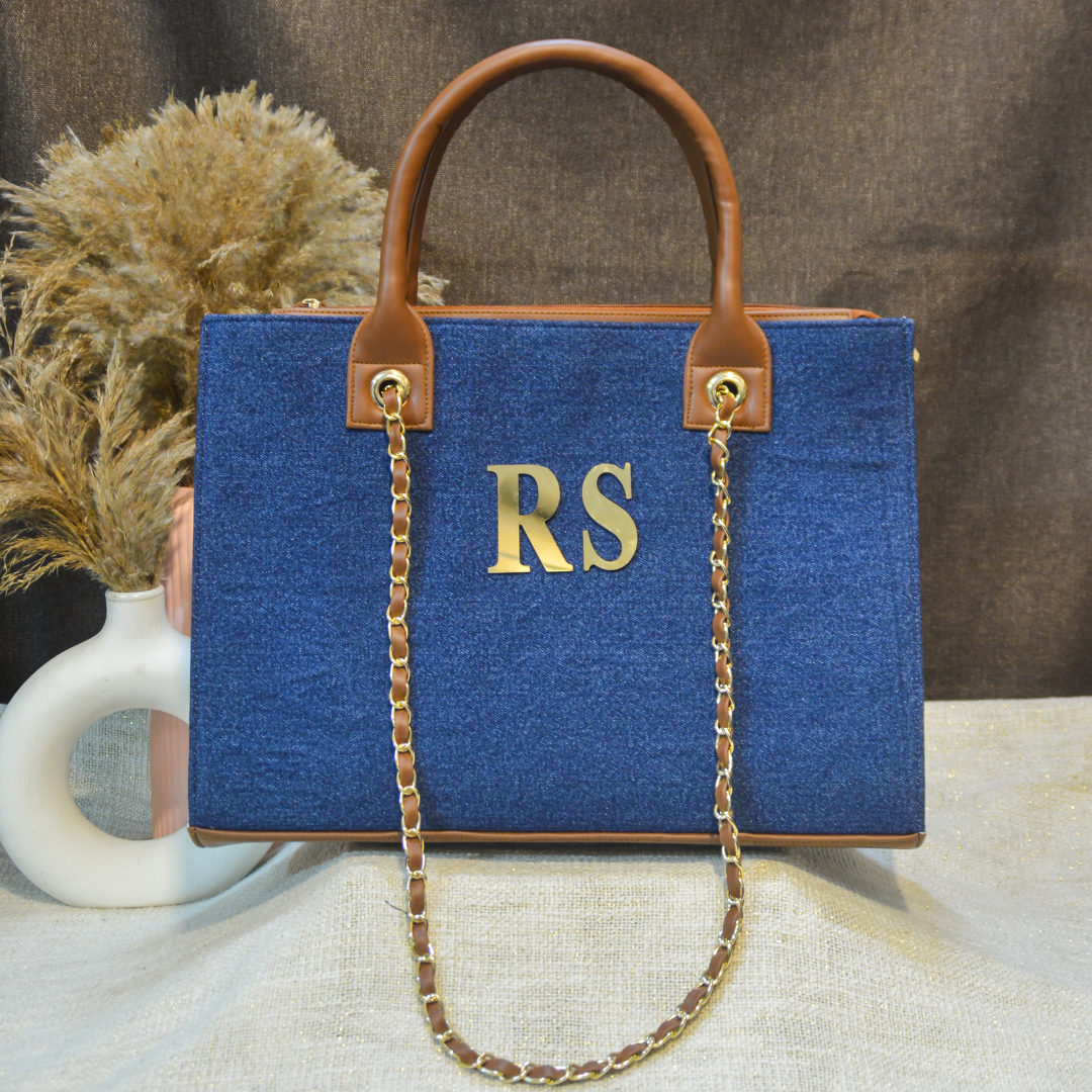 Denim Chain Tote Metal (2 initials)