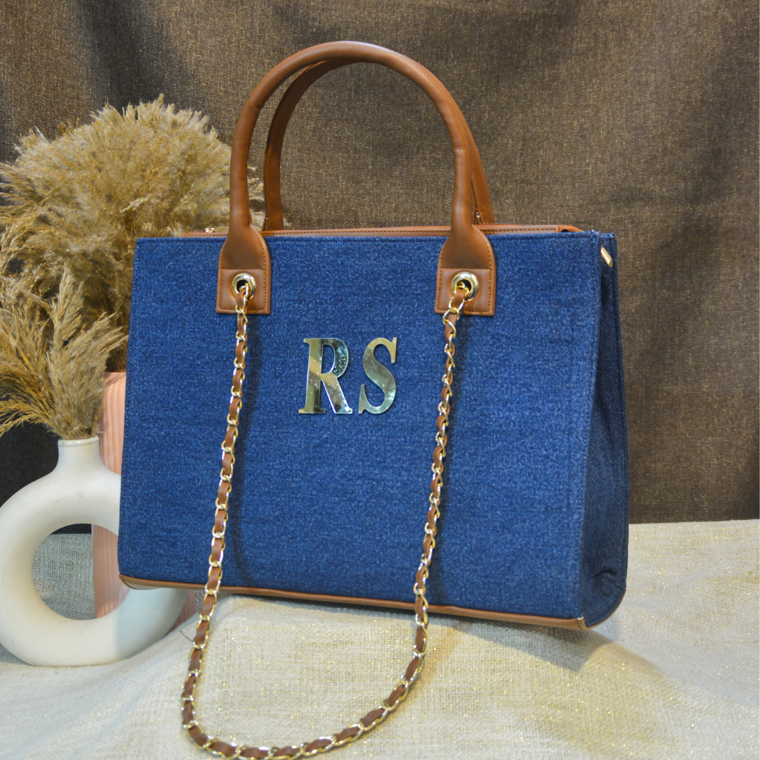 Denim Chain Tote Metal (2 initials)