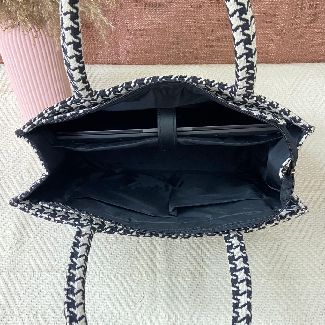 Emmy Black & White Vintage Small Print XL Tote Bag