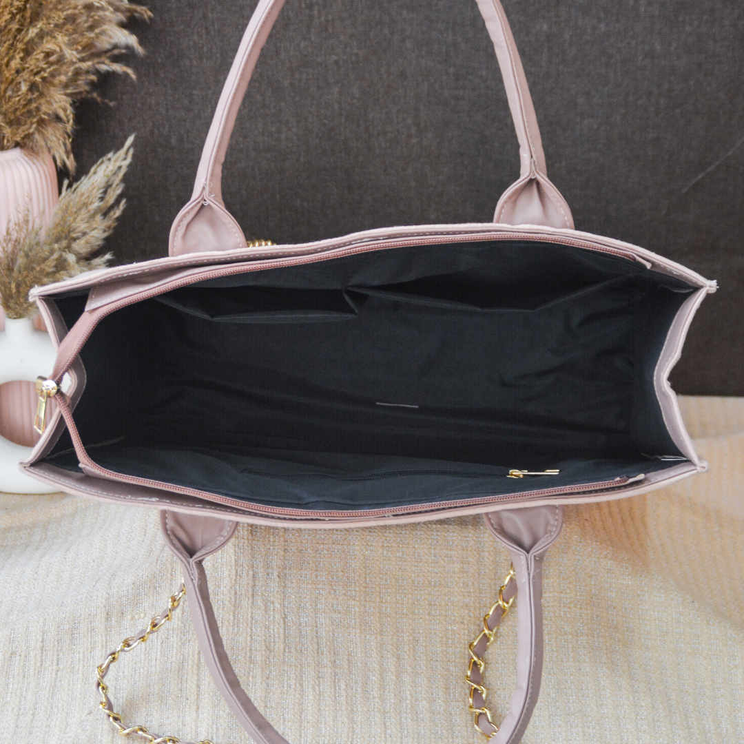 Pastel Pink Chain Tote Full Name Metal Initials
