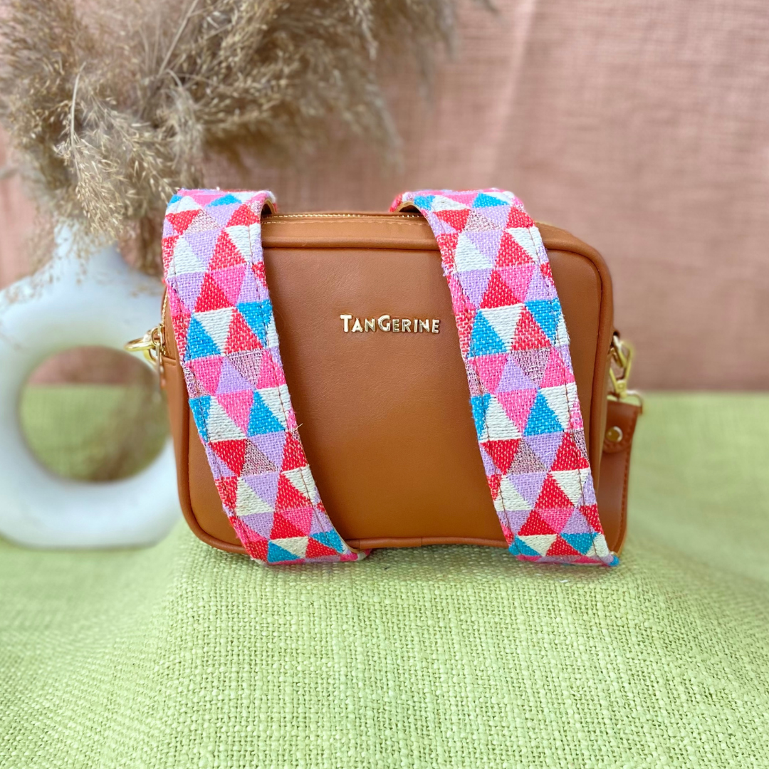 Tan Dual Compartment Bag with Pink Multi-color Triangle Belt