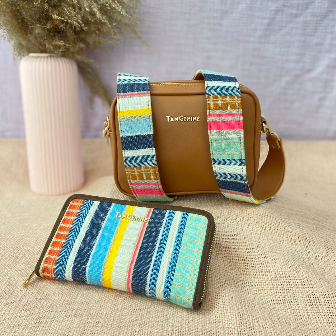 Tan Dual Compartment Bag with Tan Vibrant Belt + Big Wallet Combo