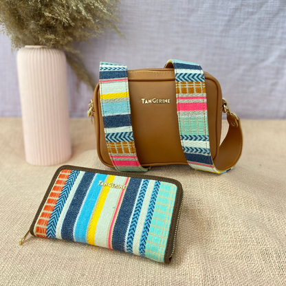 Tan Dual Compartment Bag with Tan Vibrant Belt + Big Wallet Combo