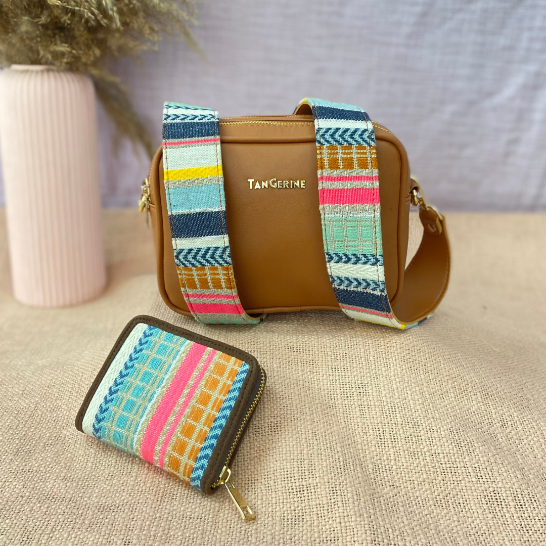 Tan Dual Compartment Bag with Tan Vibrant Belt + Mini Wallet + Big Wallet Combo