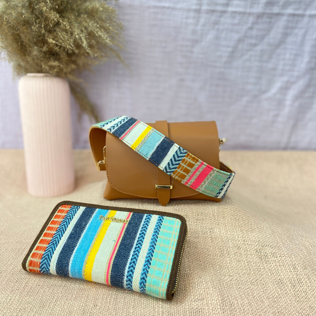 Tan Eva Bag with Vibrant Belt +  Big Wallet