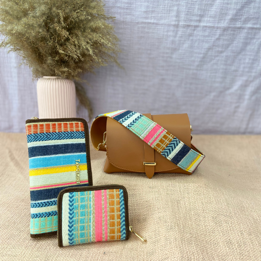 Tan Eva Bag with Vibrant Belt +Big &amp; Mini Wallet Combo