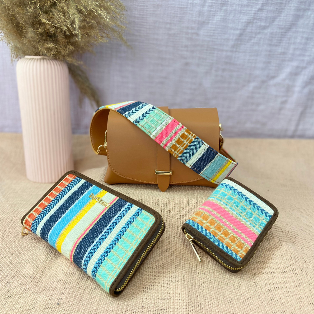 Tan Eva Bag with Vibrant Belt +Big &amp; Mini Wallet Combo