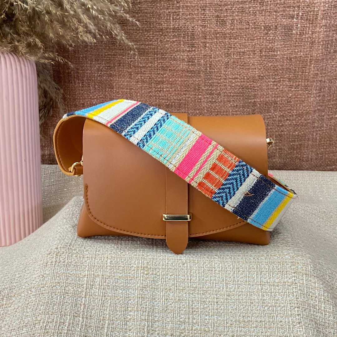 Tan Eva Bag with Vibrant Belt +  Big Wallet