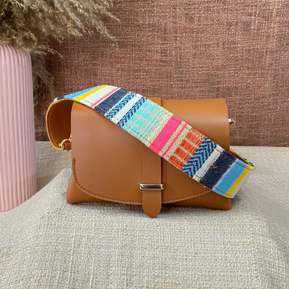 Tan Eva Bag with Vibrant Belt +  Big Wallet