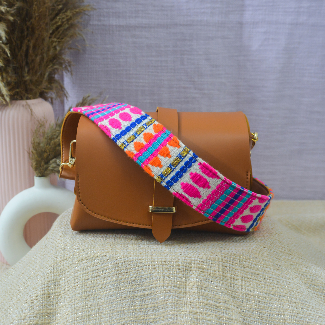 Tan Eva Bag with Pink Bullet Belt.