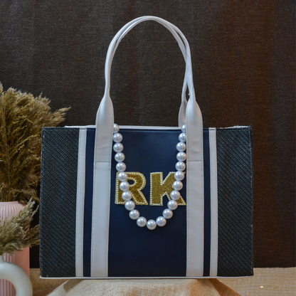 Tri-Color Monogram Book Tote Handwork Initials