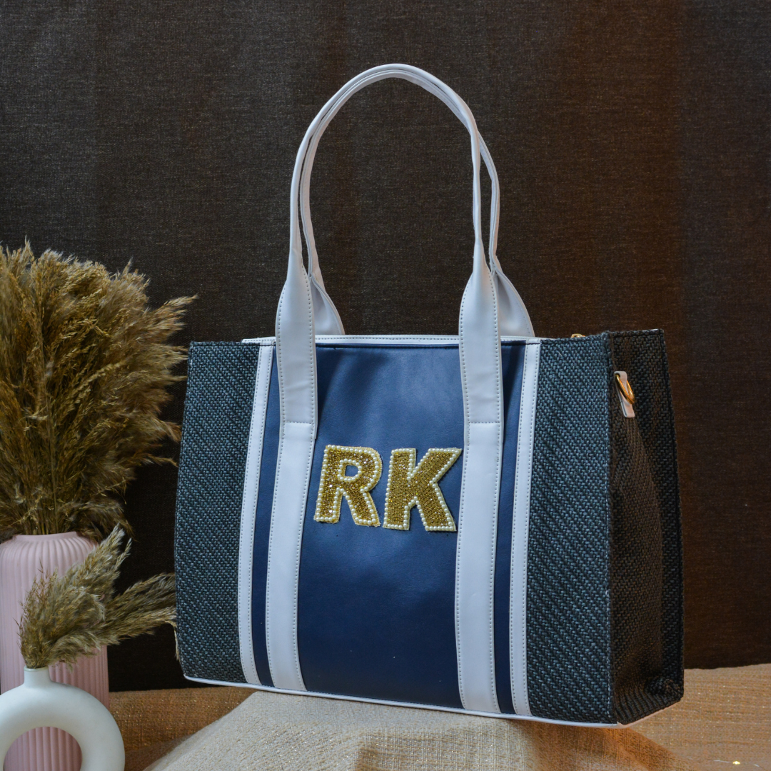 Tri-Color Monogram Book Tote Handwork Initials
