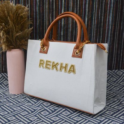 White Chain Tote Full Name Handwork (1 Lines Initials)