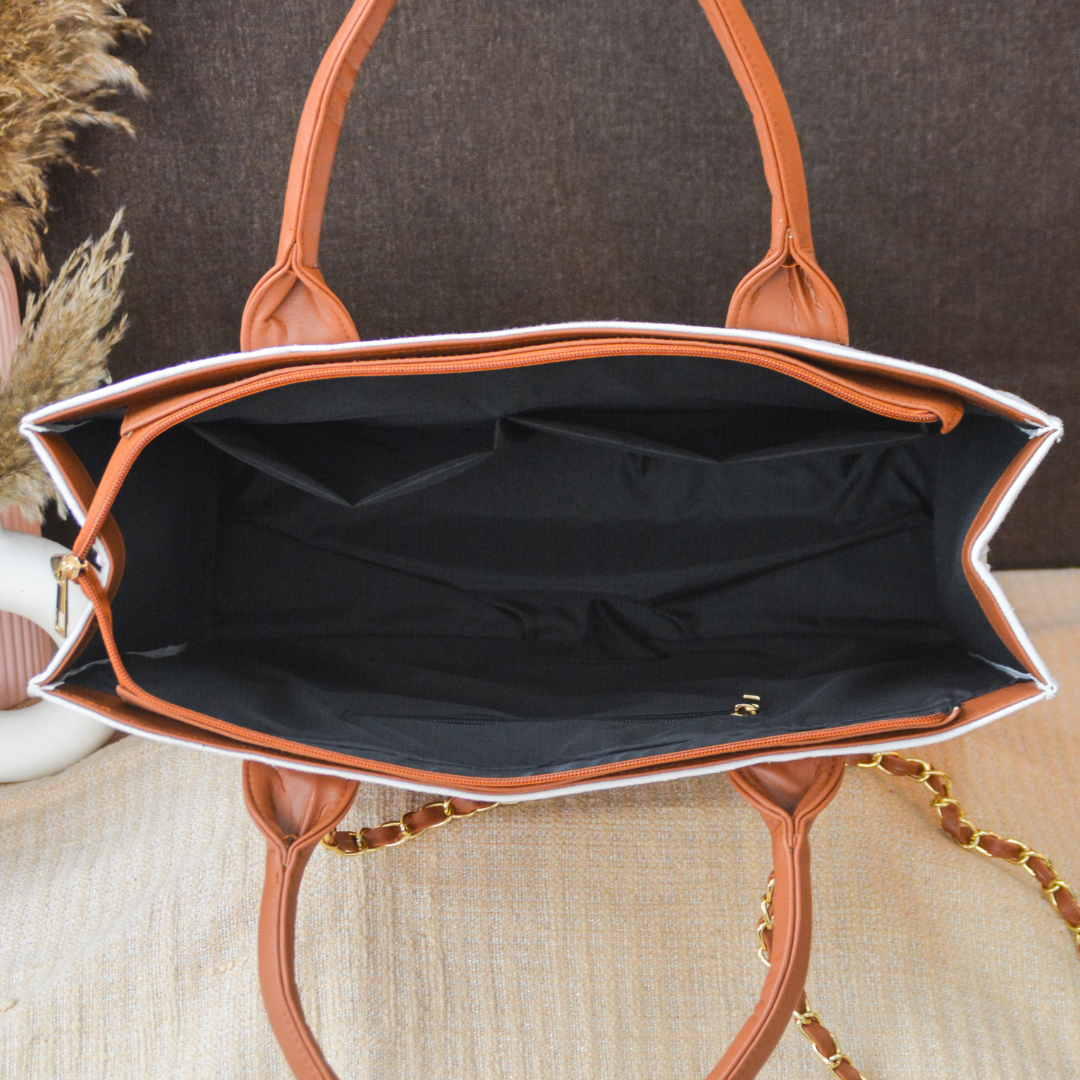 White Chain Tote Full Name Handwork (2 Lines Initials)