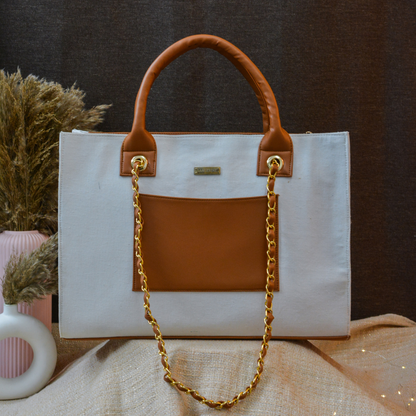 White Chain Tote Full Name Handwork (2 Lines Initials)