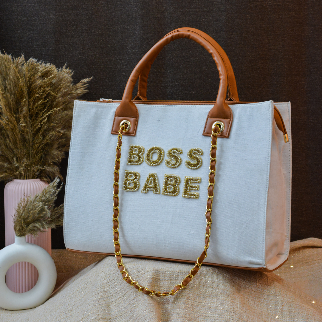 White Chain Tote Full Name Handwork (2 Lines Initials)