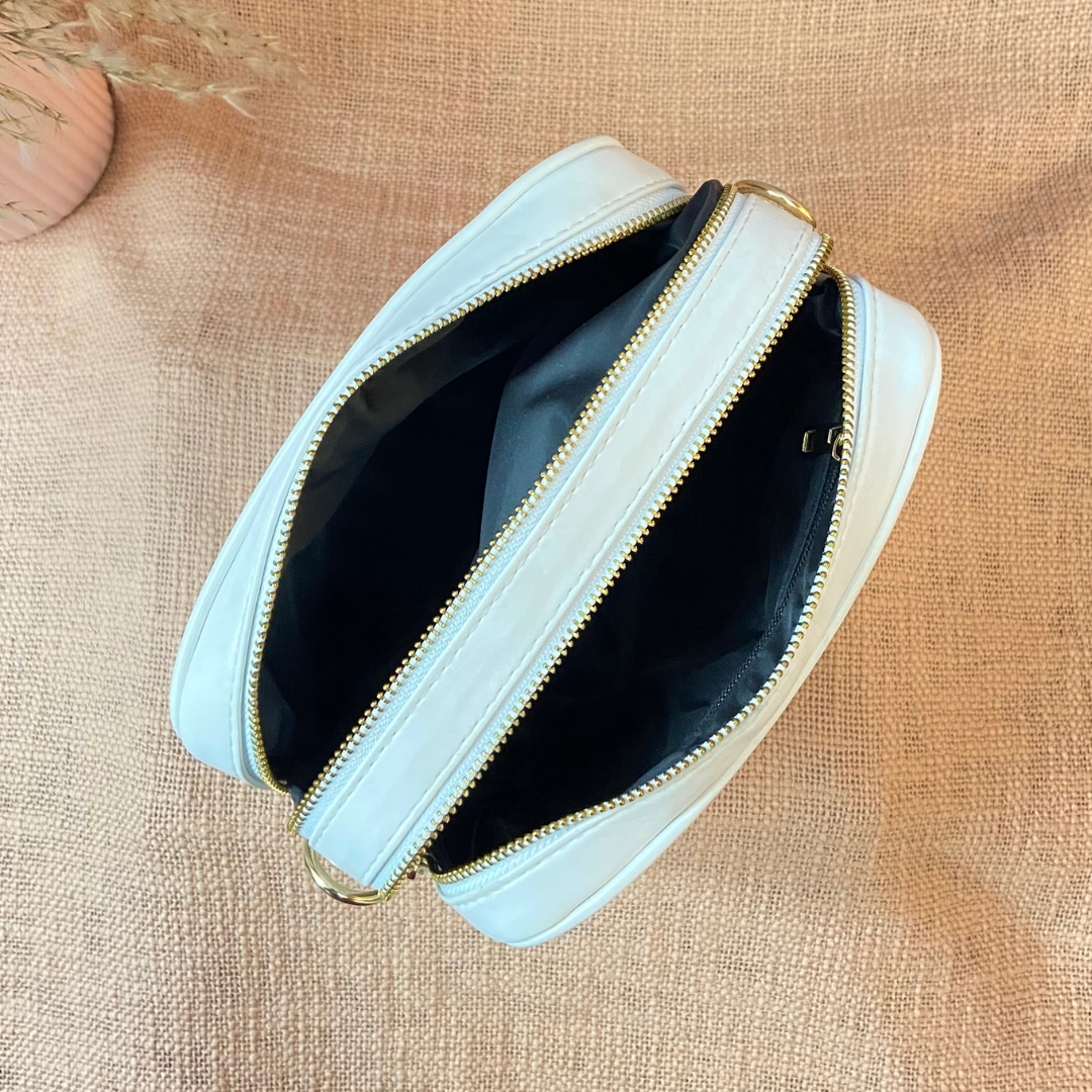 White Dual Compartment + White Multi-color Diamond Cloth on Pocket Pochette Belt with Phone Case