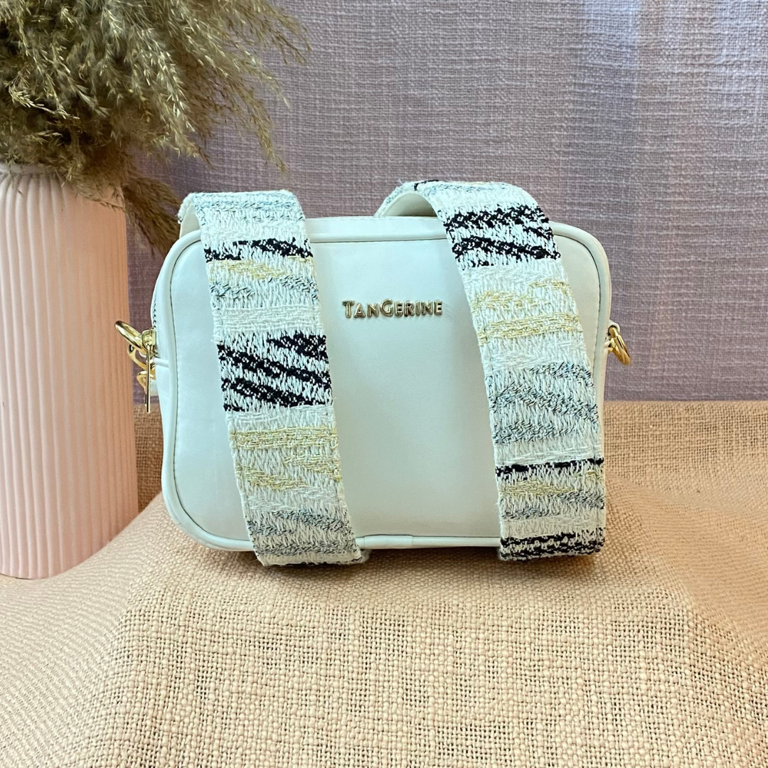 White Dual Compartment Sling Bag with Black & White Tribal Belt