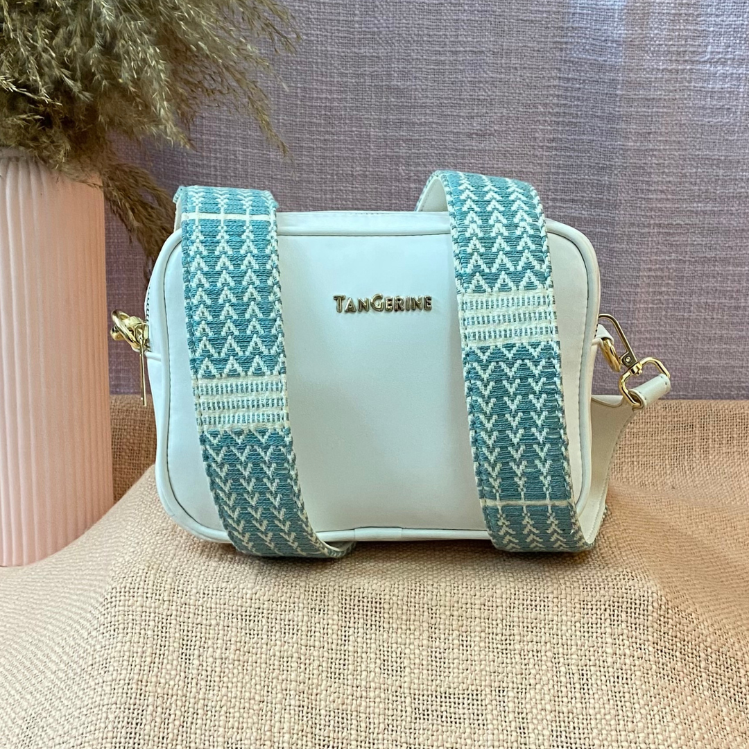 White Dual Compartment Sling Bag with Sea Blue & White Belt