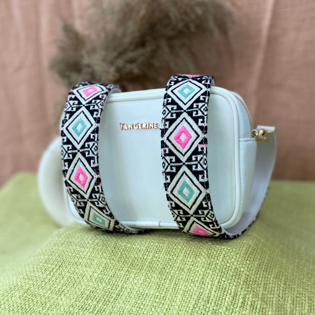 White Dual Compartment Sling Bag with Pink &amp; Mint Diamond Belt