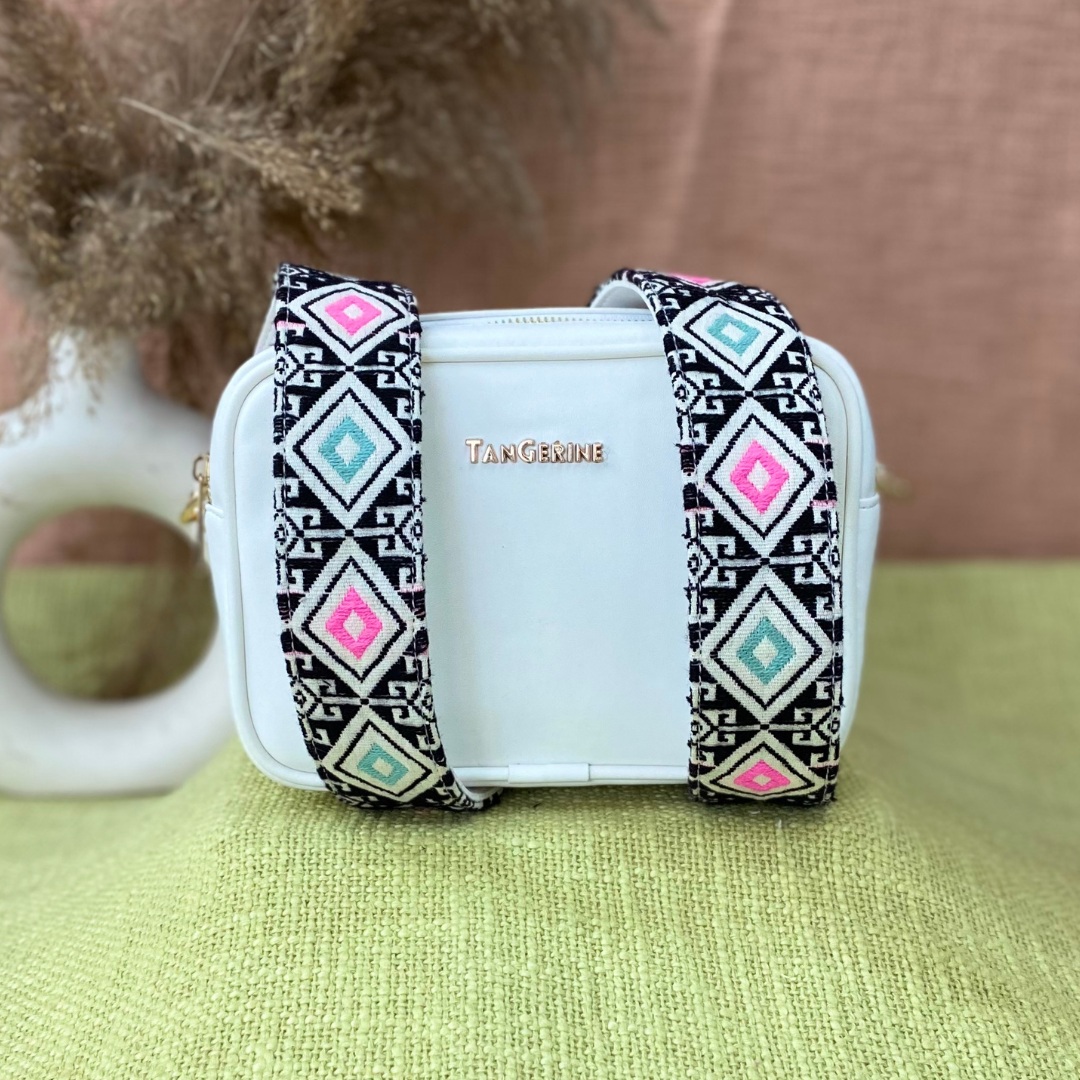 White Dual Compartment Sling Bag with Pink & Mint Diamond Belt