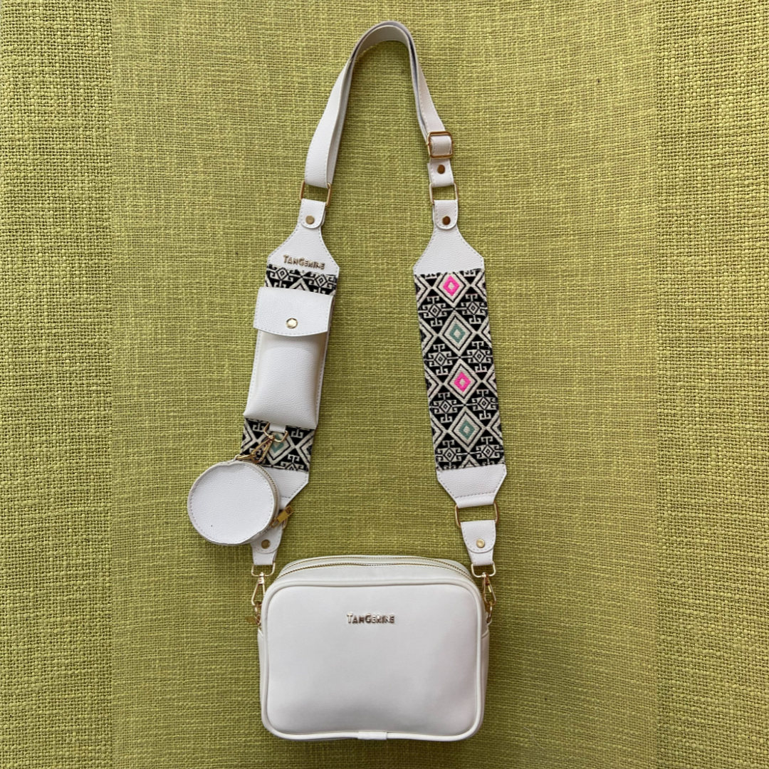 White Dual Compartment + White Pink &amp; Mint Diamond Pochette Belt
