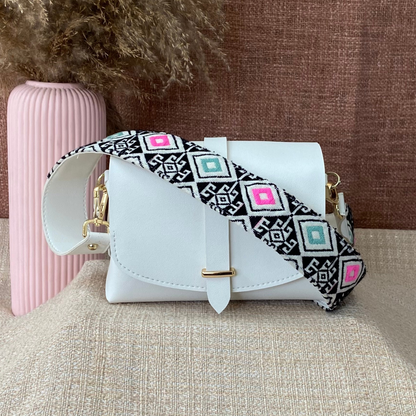 White Eva Bag with Mint Green &amp; Pink Diamond Belt +Big Wallet