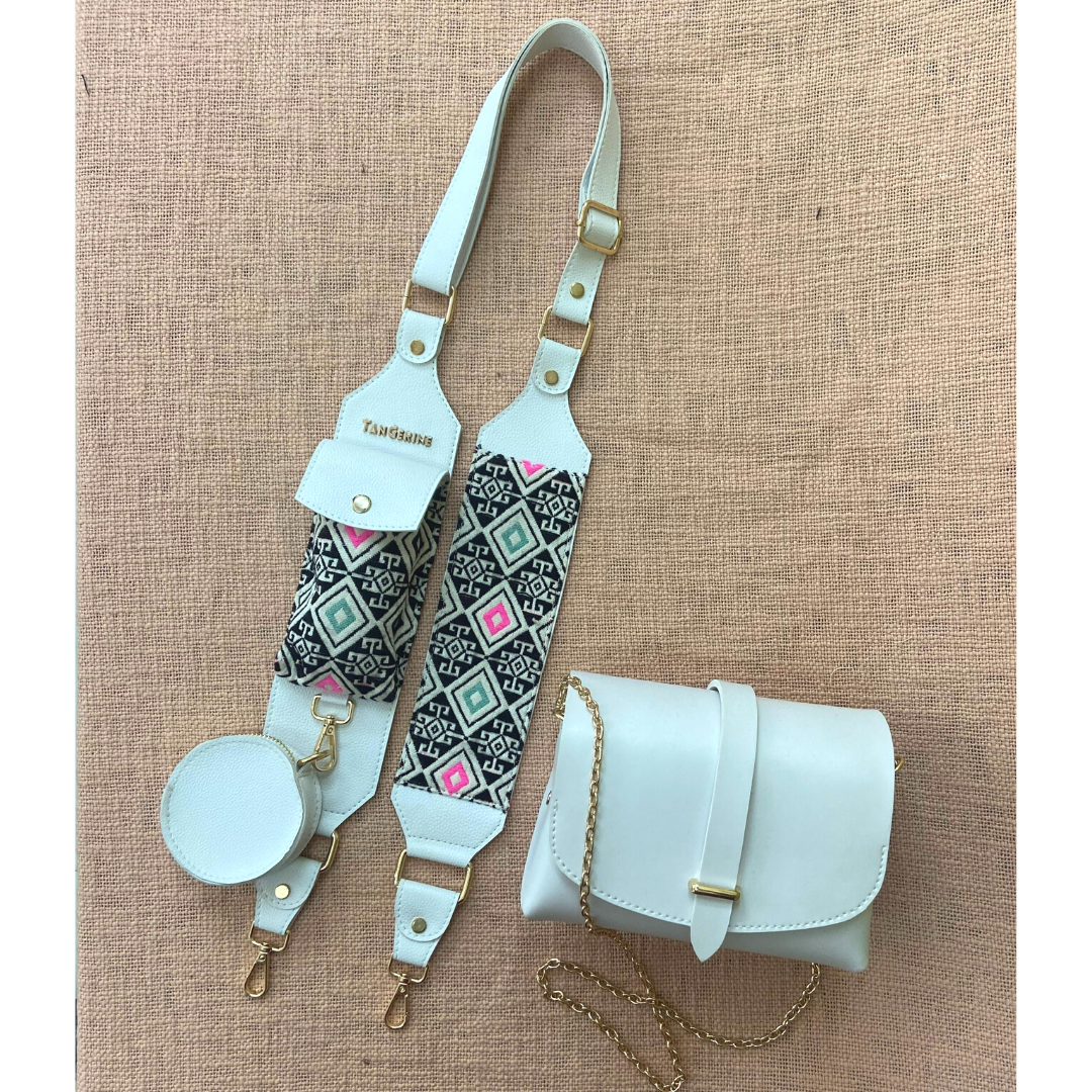 White Eva + White with Mint &amp; Pink Diamond Cloth on Pocket Pochette Belt.