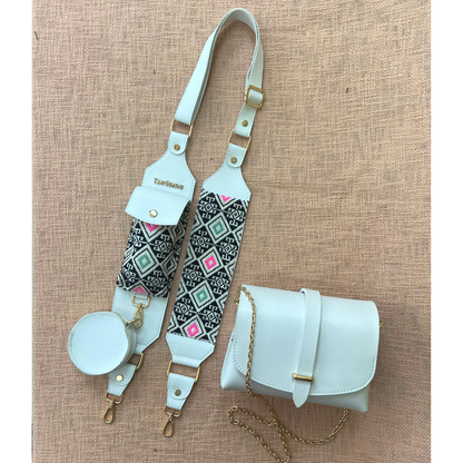 White Eva + White with Mint &amp; Pink Diamond Cloth on Pocket Pochette Belt.