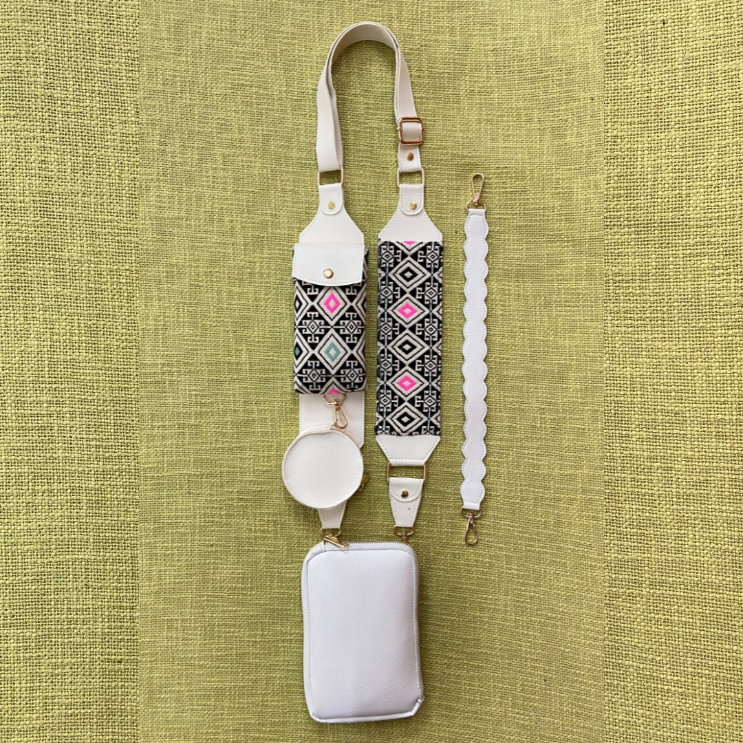 White Pouch + White with Mint &amp; Pink Diamond Cloth on Pocket Pochette only Belt.
